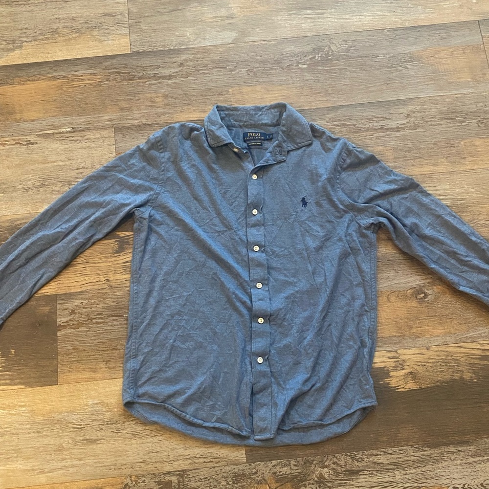 Ralph Lauren Knit Button Up Polo Dress Shirt Mens Large Heather Blue Pony